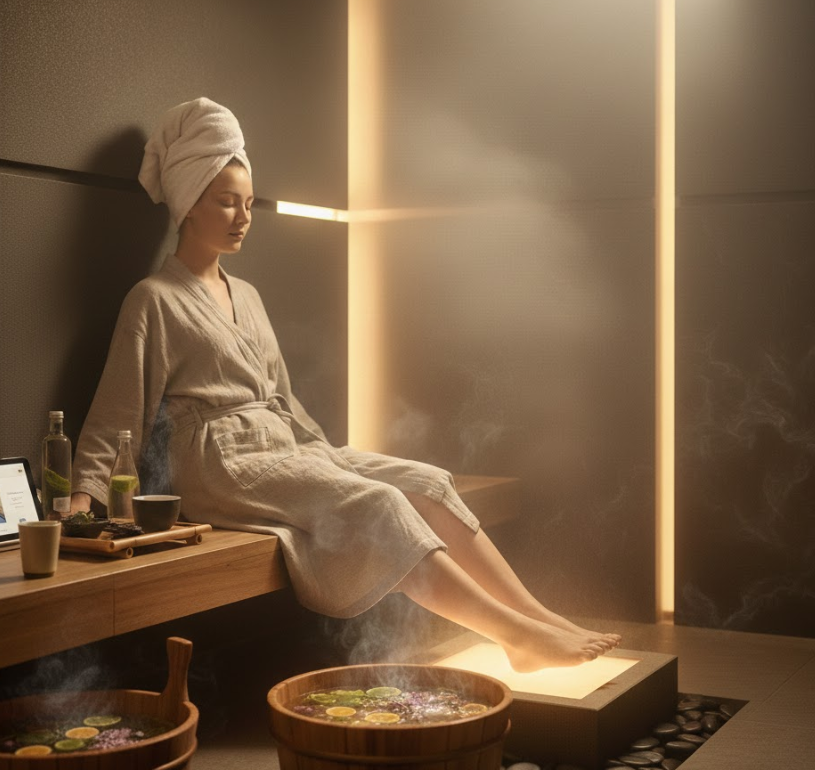 একটি ঘাম স্টিমিং রুমে ফুট ম্যাসেজ করার জন্য একটি গভীর সুস্থতার নির্দেশিকা৷